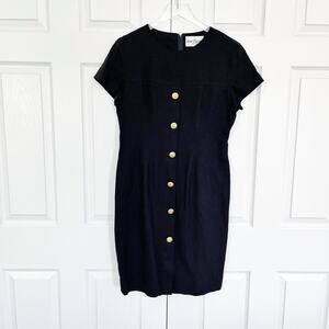 New Classics Vintage Black Linen Blend Button Front Sheath Dress
